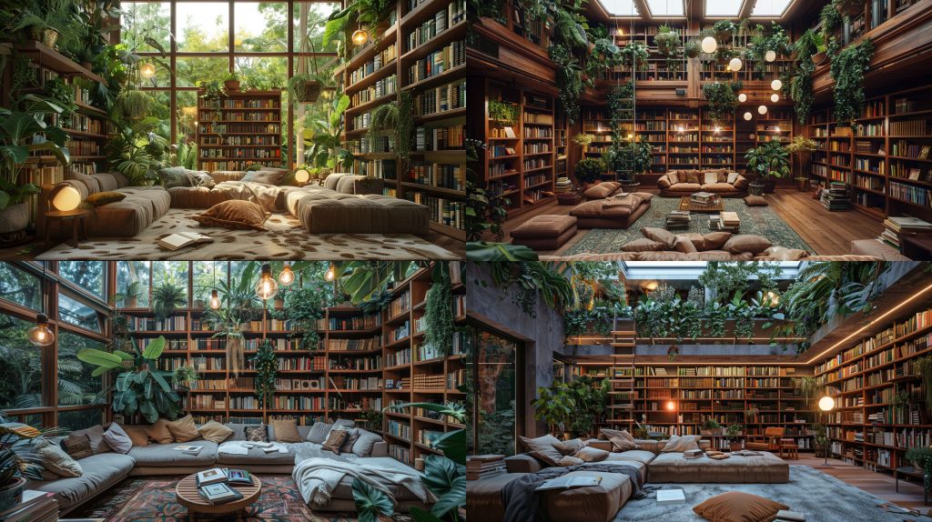 cozy 落地书架植物 bibliophilic 图书馆效果图AI提示词