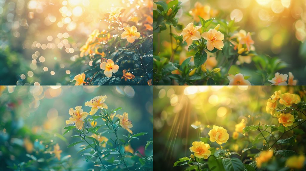 1980年晨光黄花粉蕊露珠梦幻柔焦自然摄影AI提示词