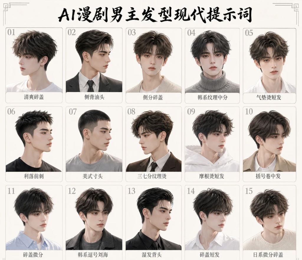 45种AI漫剧现代男主发型提示词合集 写实人像Prompts