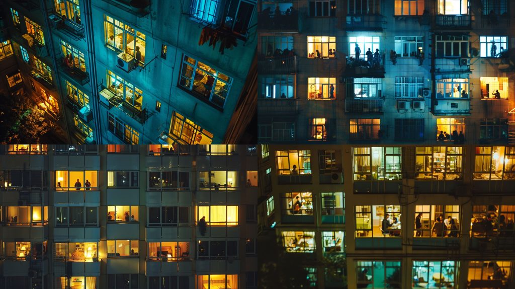 2000年公寓窗口灯火人影的城市夜景AI提示词