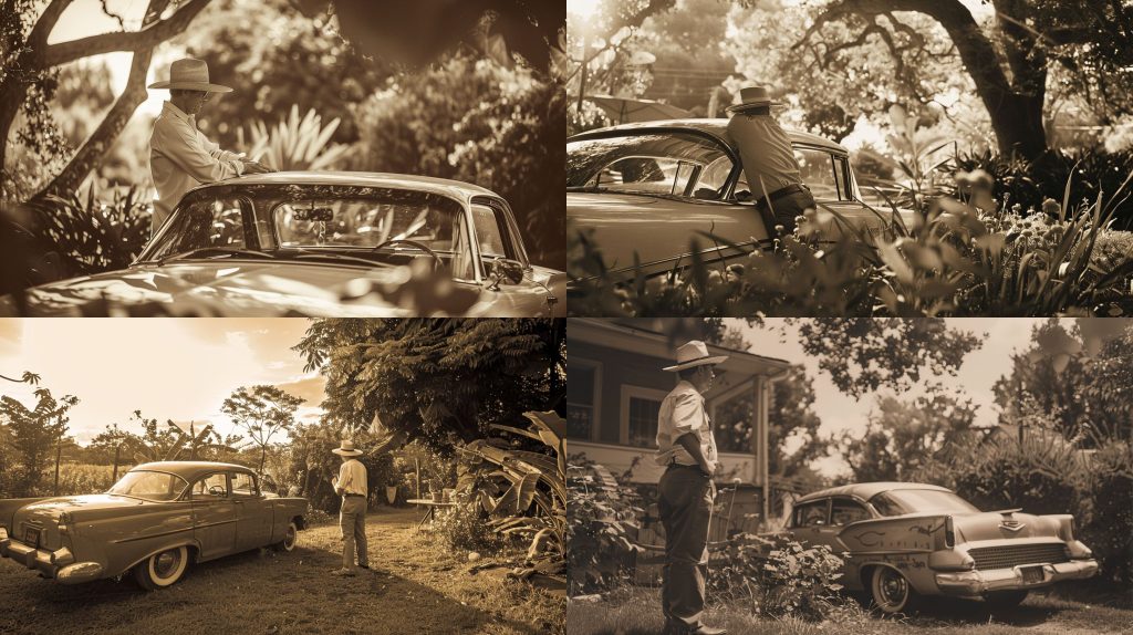 1962年草帽旧车与花园间的旧日午后AI提示词